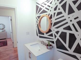 A shot of the finished and very artisic bathroom at the ranch house, as seen on HGTV's Bargain Block.
