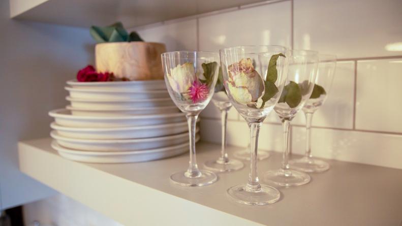Dried Florals in White and Pink Inside Glassware on Kitchen Shelf
