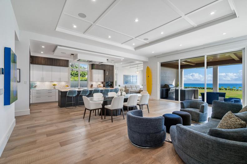 Contemporary Open Kitchen, Dining, Tray Ceilings, Sofas and Ocean View