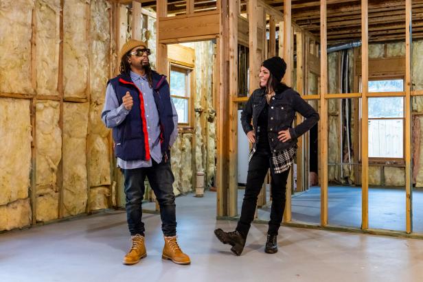 Hosts Lil Jon and Anitra Mecadon check out the basement of homeowners Greffin and Torie, as seen on HGTV's Lil Jon Wants To Do What?. (Demo) .
