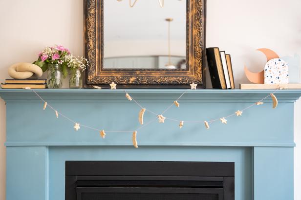 Blue Fireplace Mantle Decorated with Salt Dough Garland