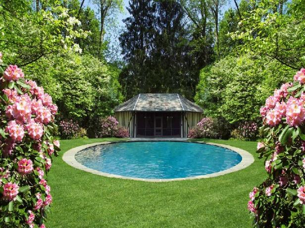 Round pool in lawn surrounded by bushes and trees.