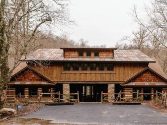 Stone and timber cabin with cedar shake. 