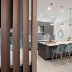 Gray Modern Open Plan Kitchen With Velvet Stools