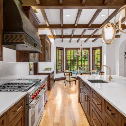Spectacular Rustic Kitchen With Exposed Beams, Gorgeous Wood Cabinetry and Custom Range Hood 