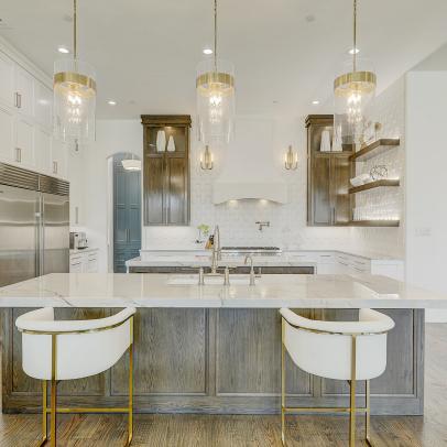 Contemporary Gold and White Kitchen With Double Islands