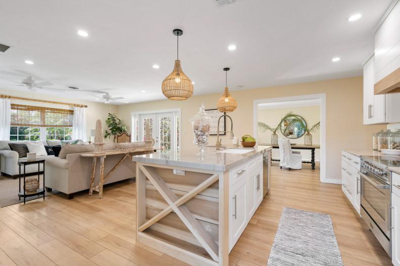 Open Plan Kitchen With Woven Pendants