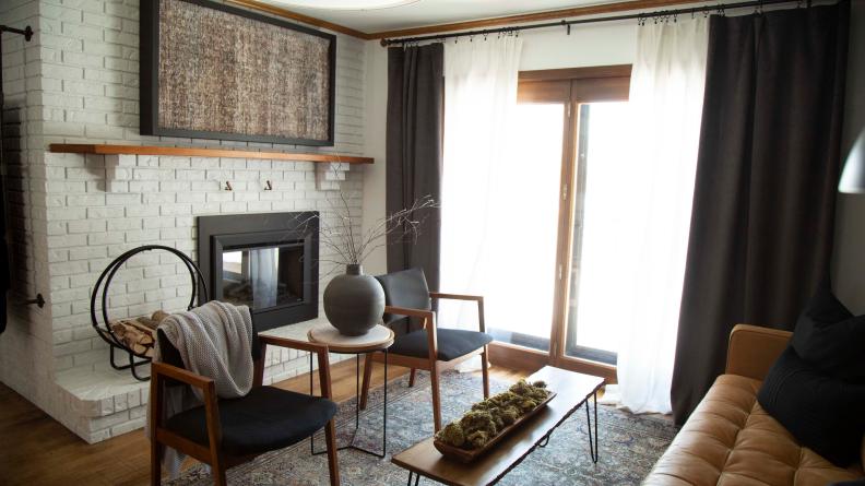 White Brick on Fireplace, Floating Shelf, Art in Formal Living Room