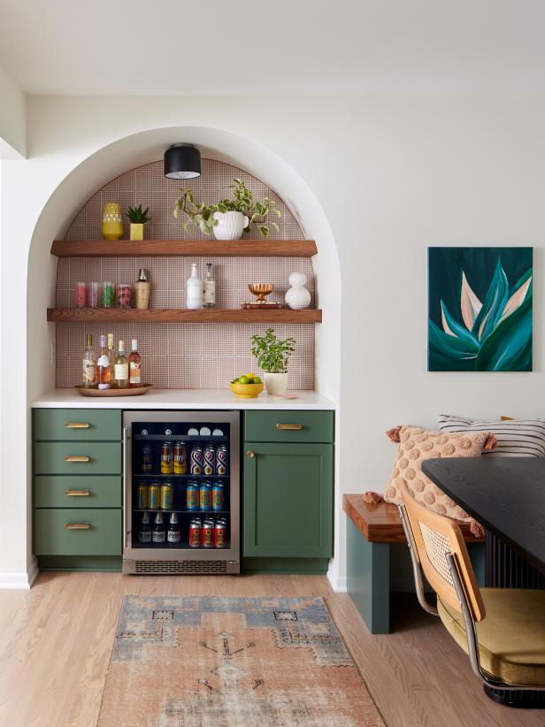 Arched built-in shelves and bar area.