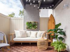 HGTV host Jasmine Roth renovates her mom's back patio with new furniture, twinkle lights, Cali-cool accessories and affordable click-in tile. Here's how to copy her flooring look.