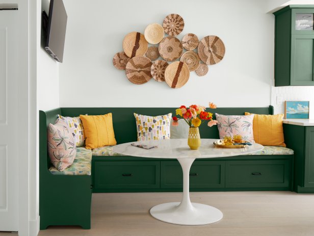 Modern Dining Nook With Green Storage Bench