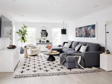 Black and White Living Room With Eclectic, Boho Decor