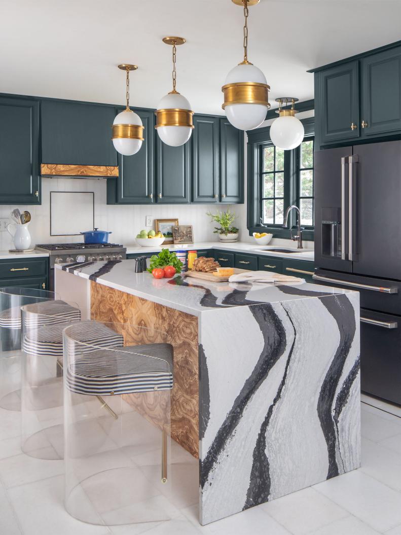 Eclectic Navy Blue Kitchen with Quartz  and Burl Wood Island