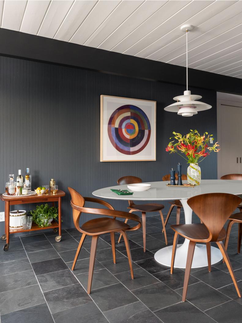 Gray Dining Room With Midcentury Modern Walnut Dining Set