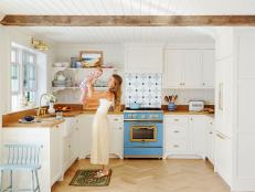 White Coastal Kitchen With Blue Oven