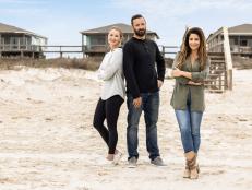 As seen on HGTV's Battle on the Beach Season 2, mentor Alison Victoria poses with her team, Corey and Paige, on the beach.  (Portrait)