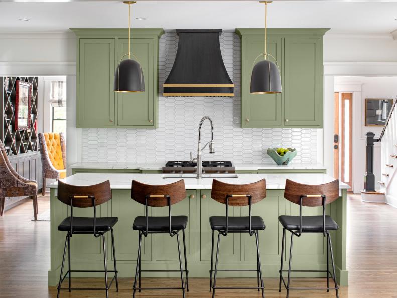 Green Kitchen With Modern Barstools