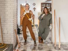 As seen on HGTVís The Great Giveback with Melissa McCarthy and Jenna Perusich, host Jenna and Melissa pose for a portrait during demo day.