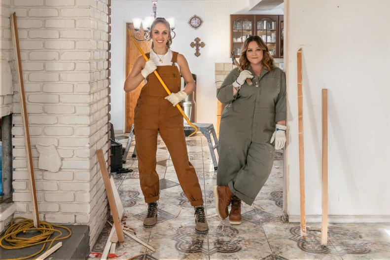 As seen on HGTVís The Great Giveback with Melissa McCarthy and Jenna Perusich, host Jenna and Melissa pose for a portrait during demo day.
