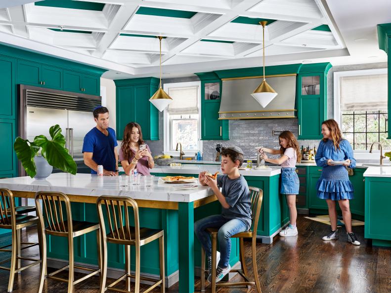 Glam Teal Kitchen With Brass and Stainless Steel Accents