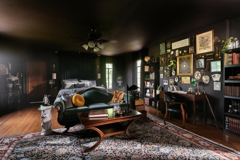 Dark, moody colors, luxurious fabrics and a mix of repurposed and thrifted items create the perfect Dark Academia-inspired space in this bedroom makeover.