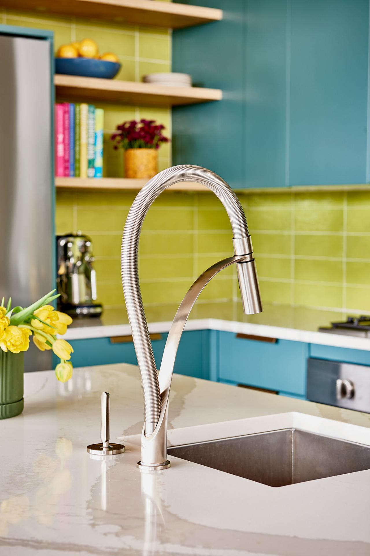 Industrial Loft Kitchen With Turquoise Cabinets and Lime Green Backsplash, Beauty Is Abundant