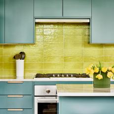 Bright Kitchen Accented With a Lime Green Backsplash