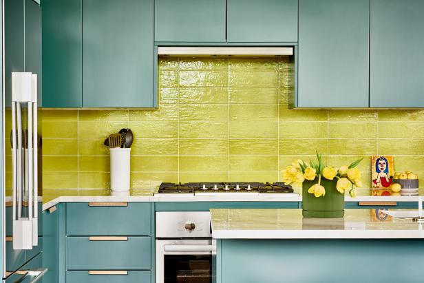 Industrial Loft Kitchen With Turquoise Cabinets and Lime Green Backsplash, Beauty Is Abundant