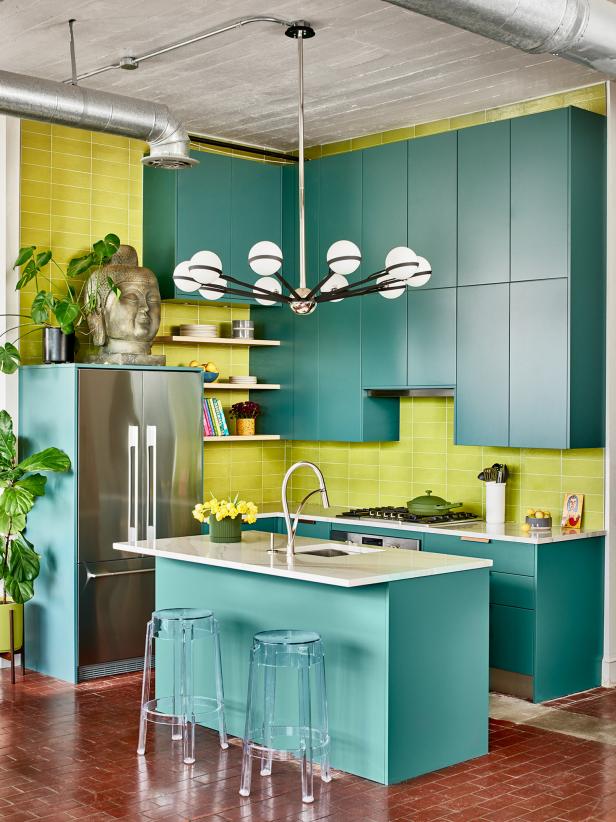Small Loft Kitchen Packs a Punch WIth Bold Color Palette 