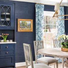 Blue Traditional Dining Area With Pink Tulips