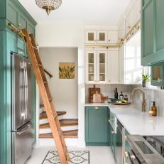 Small Green & White Kitchen With a Library Ladder
