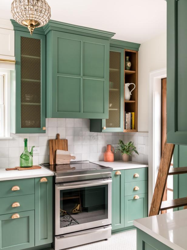 Green and White Galley Kitchen With a Gorgeous Rolling Library Ladder ...