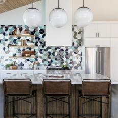 Midcentury Modern Kitchen With Geometric Blue Backsplash