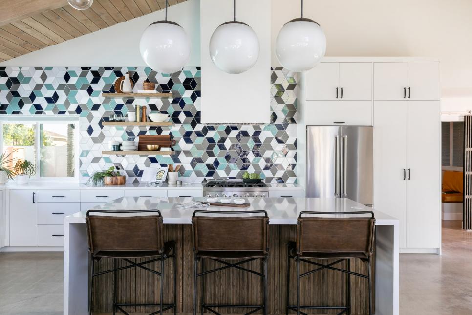 Mid-Century Modern Kitchen With Hanging Globe Lamps and Hints of Blue