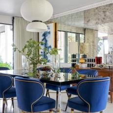 Midcentury Modern Dining Room With Bird Wallpaper