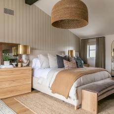 Neutral Transitional Bedroom With Woven Pendant