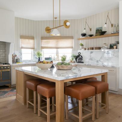 Neutral Transitional Kitchen With Leather Barstools