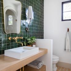 Green Mediterranean Bathroom With Brass Faucet