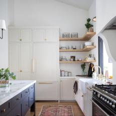 White Transitional Chef Kitchen With Corner Shelves