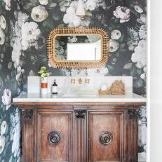 Eclectic Powder Room With Floral Wallpaper