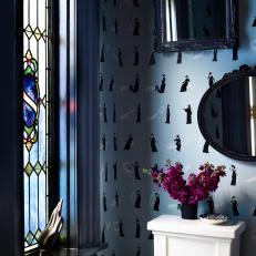 Victorian Bathroom With Stained Glass Window and Creative Wallpaper