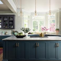 Delicate Pendant Lights and Kitchen Island in Victorian Kitchen