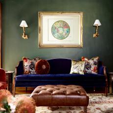 Blue Velvet Sofa in Forest Green Victorian Living Room