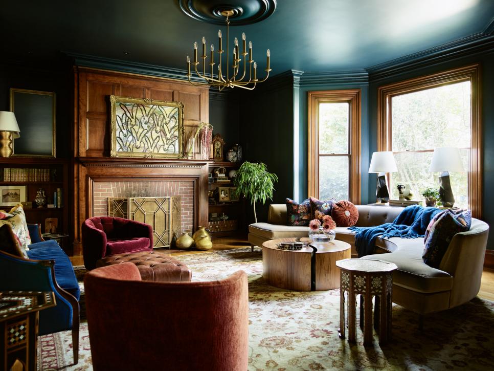 Overall Winner & Editors' Pick - Color + Pattern: Forest Green Victorian Living Room With Grand Fireplace