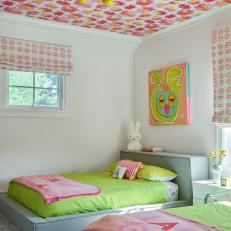Children's Bedroom With Floral Wallpaper on Ceiling