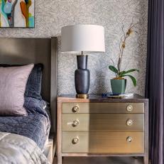 Purple Eclectic Bedroom With Brass Nightstand