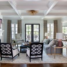 Traditional Living Room With White Exposed Beam Ceiling