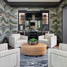 Home Bar and Sitting Area With Patterned Wallpaper