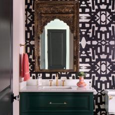 Black and White Bathroom With Green Vanity