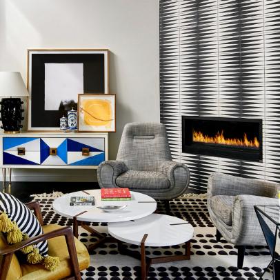 Living Room With Backgammon-Patterned Fireplace